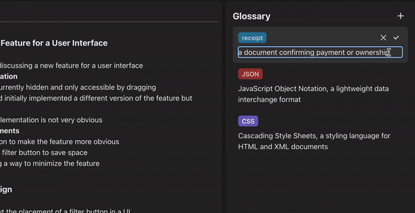 Animation showing glossary item management